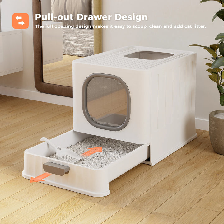 Designer closed cat litter box with top exit