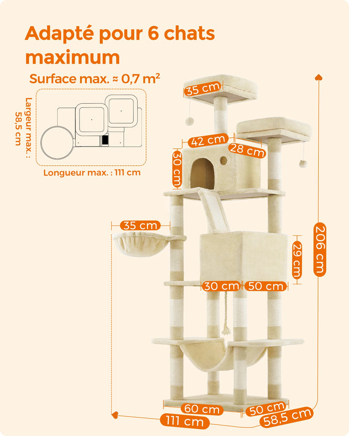 206 cm Cat Tower – 6 Cats, 5 Resting Areas &amp; Built-in Scratching Posts