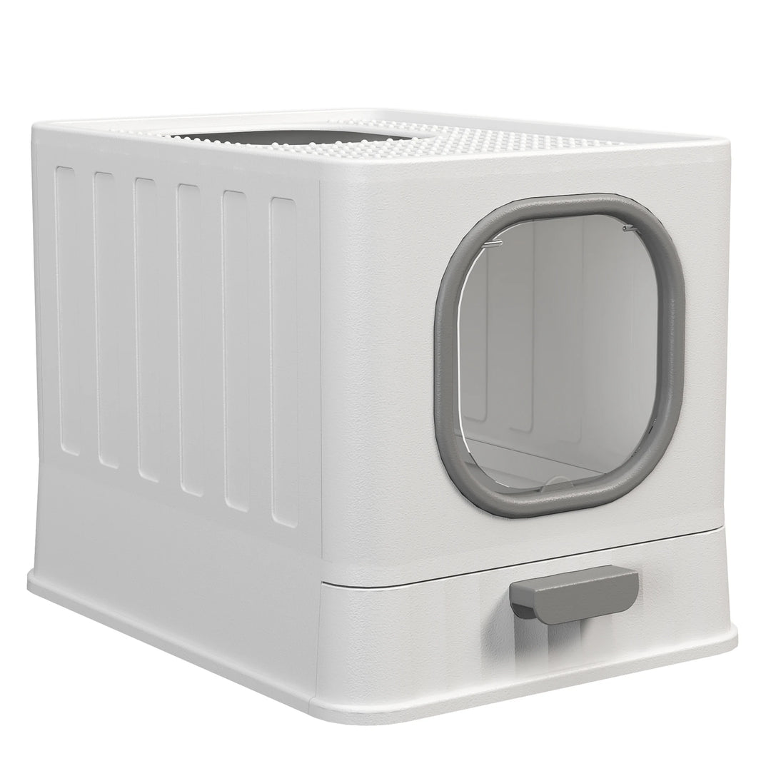 Designer closed cat litter box with top exit