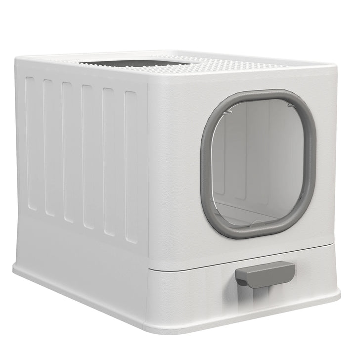 Designer closed cat litter box with top exit