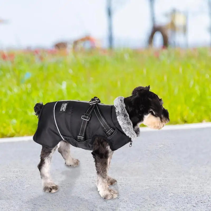 Triple-layer coat with integrated harness and warm collar