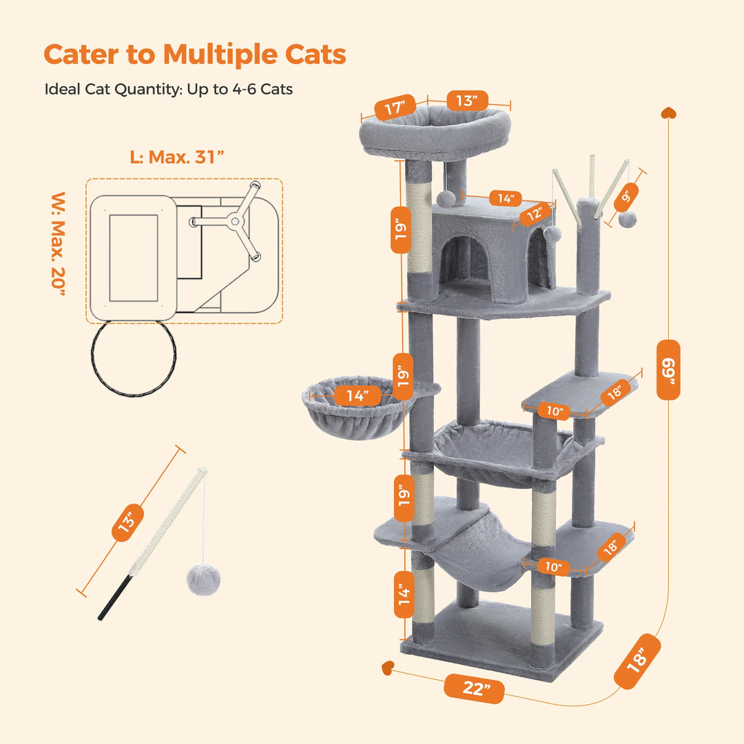 XXL Cat Tower 175 cm – 7 levels, XL hammocks &amp; increased stability