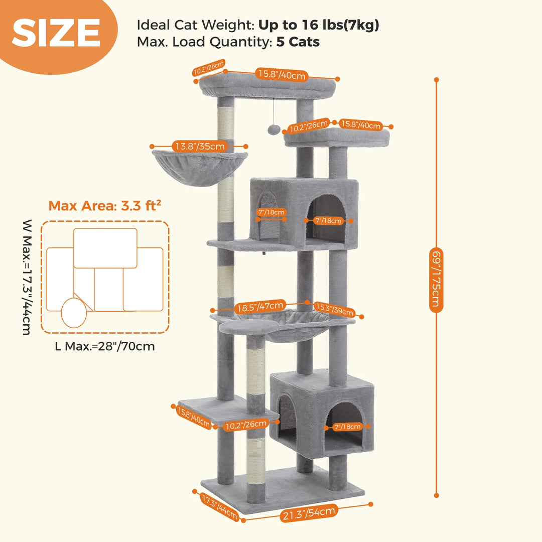 XXL Cat Tree 175 cm – 2 Hammocks, Condos &amp; Scratching Posts for Big Cats
