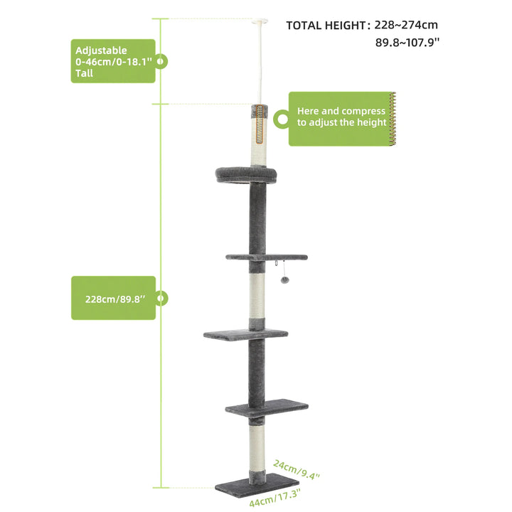 Adjustable Cat Tree – 5 Height Levels, Scratching Posts &amp; Wall Mount