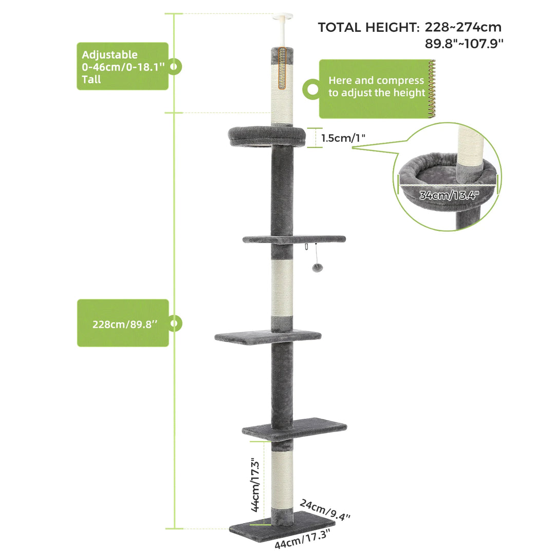Adjustable Cat Tree – 5 Height Levels, Scratching Posts &amp; Wall Mount