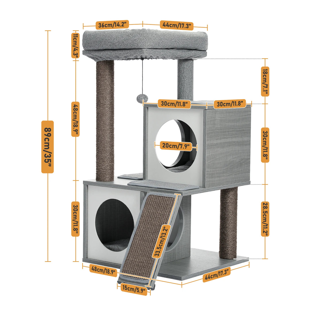 Modern compact tree – 2 niches, perch &amp; scratching ramp