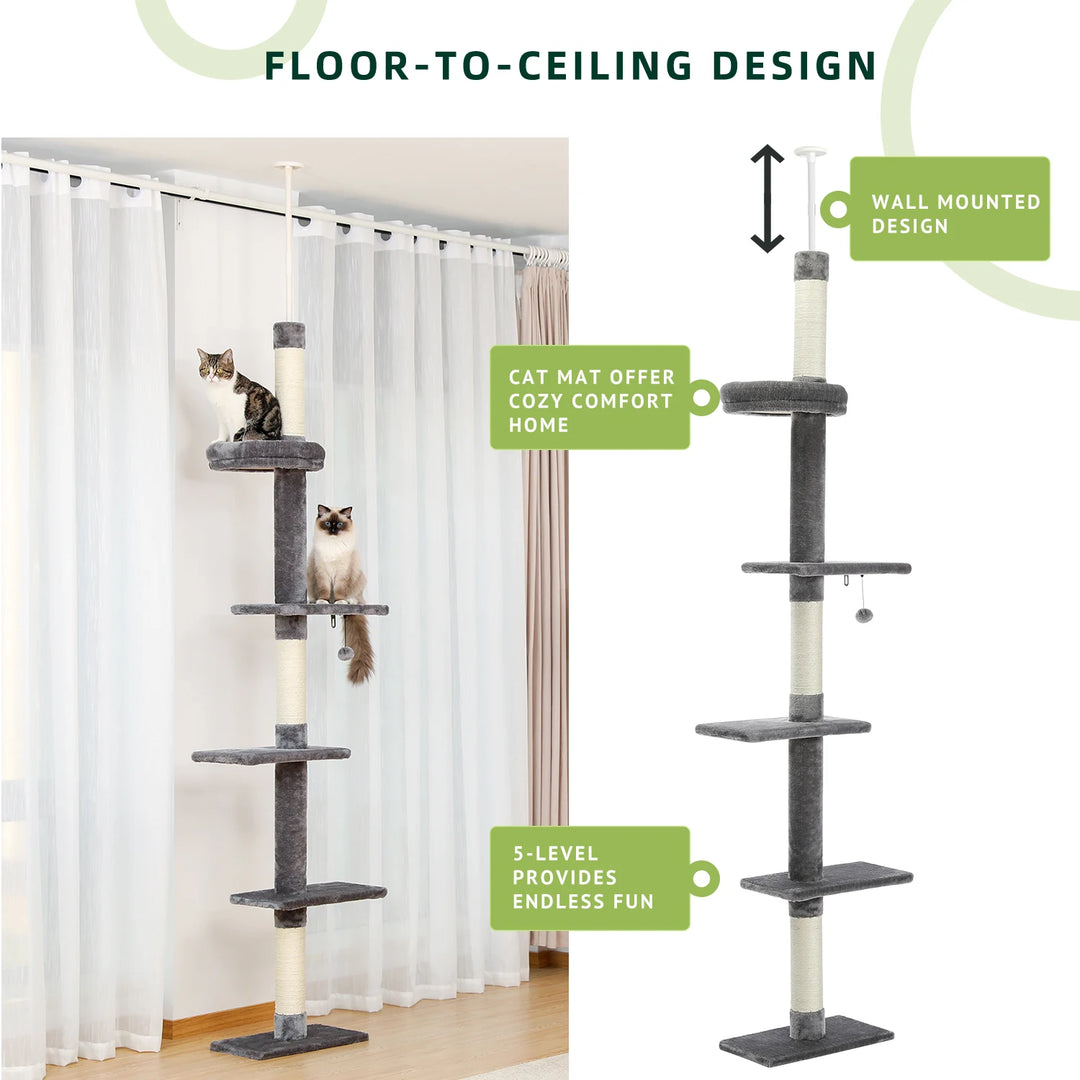 Adjustable Cat Tree – 5 Height Levels, Scratching Posts &amp; Wall Mount