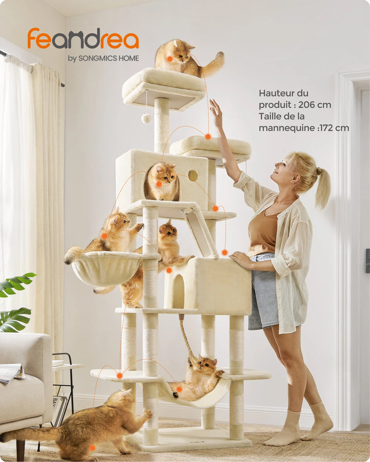206 cm Cat Tower – 6 Cats, 5 Resting Areas &amp; Built-in Scratching Posts