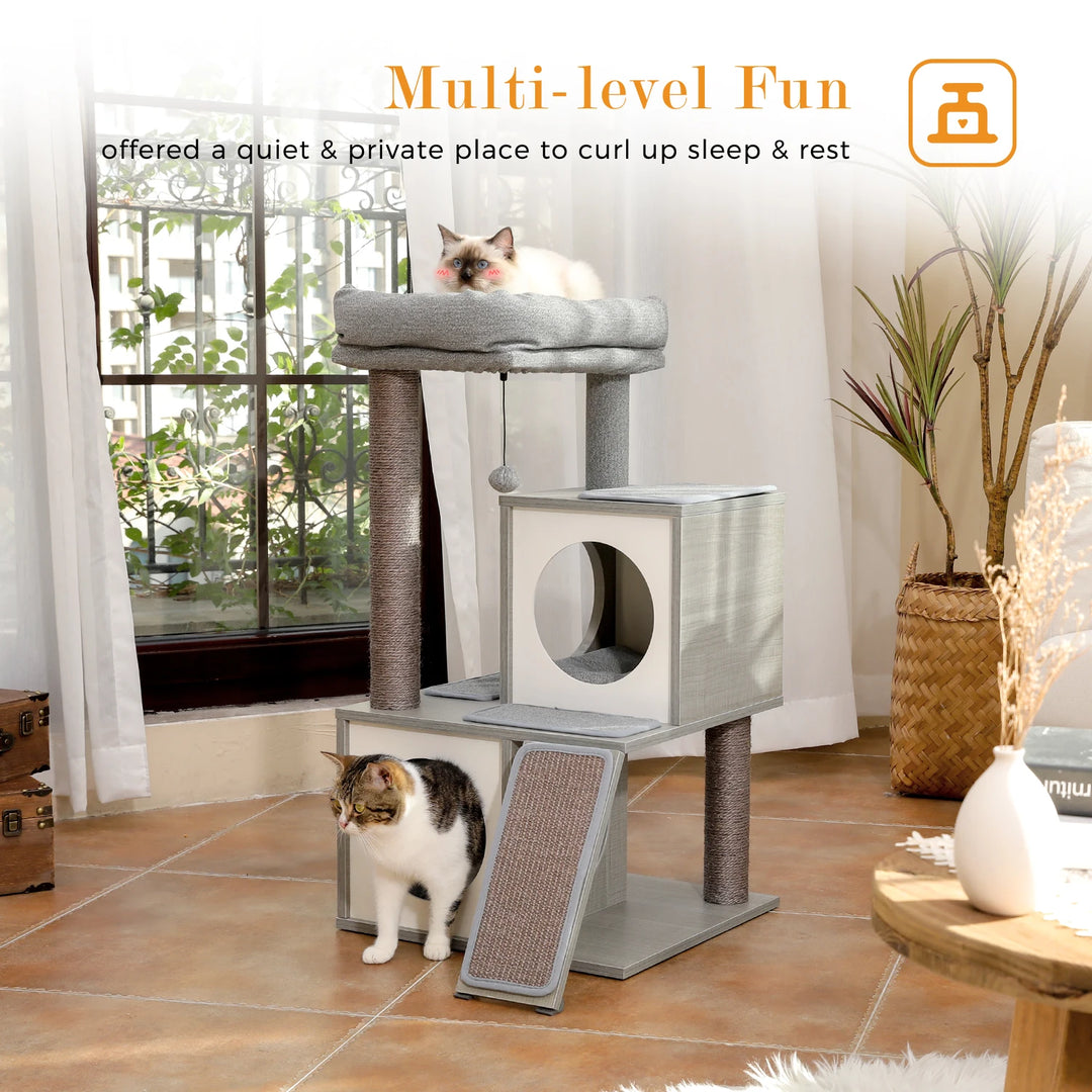 Modern compact tree – 2 niches, perch &amp; scratching ramp