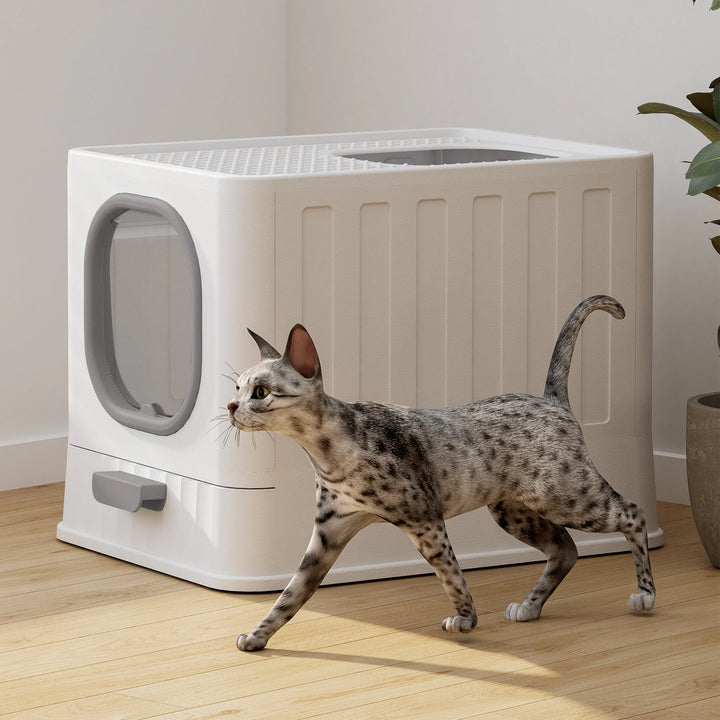 Designer closed cat litter box with top exit